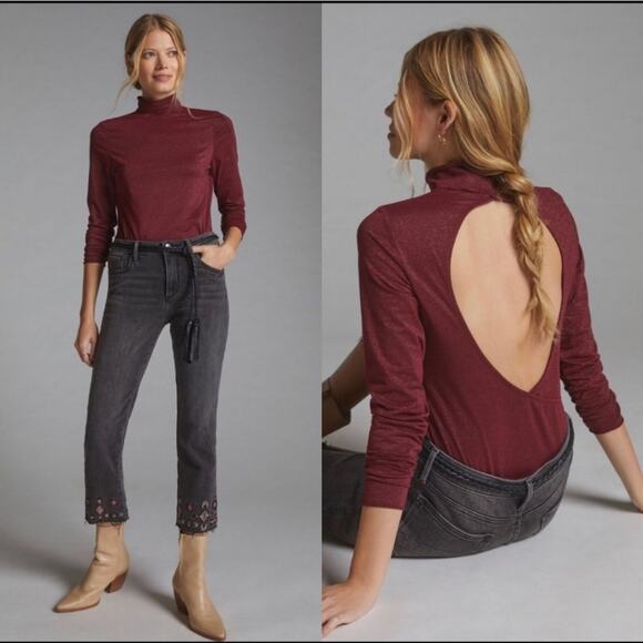 NWT Daily Practice Anthropologie Shimmer Open Back Bodysuit Burgundy Sz XL - Picture 1 of 10